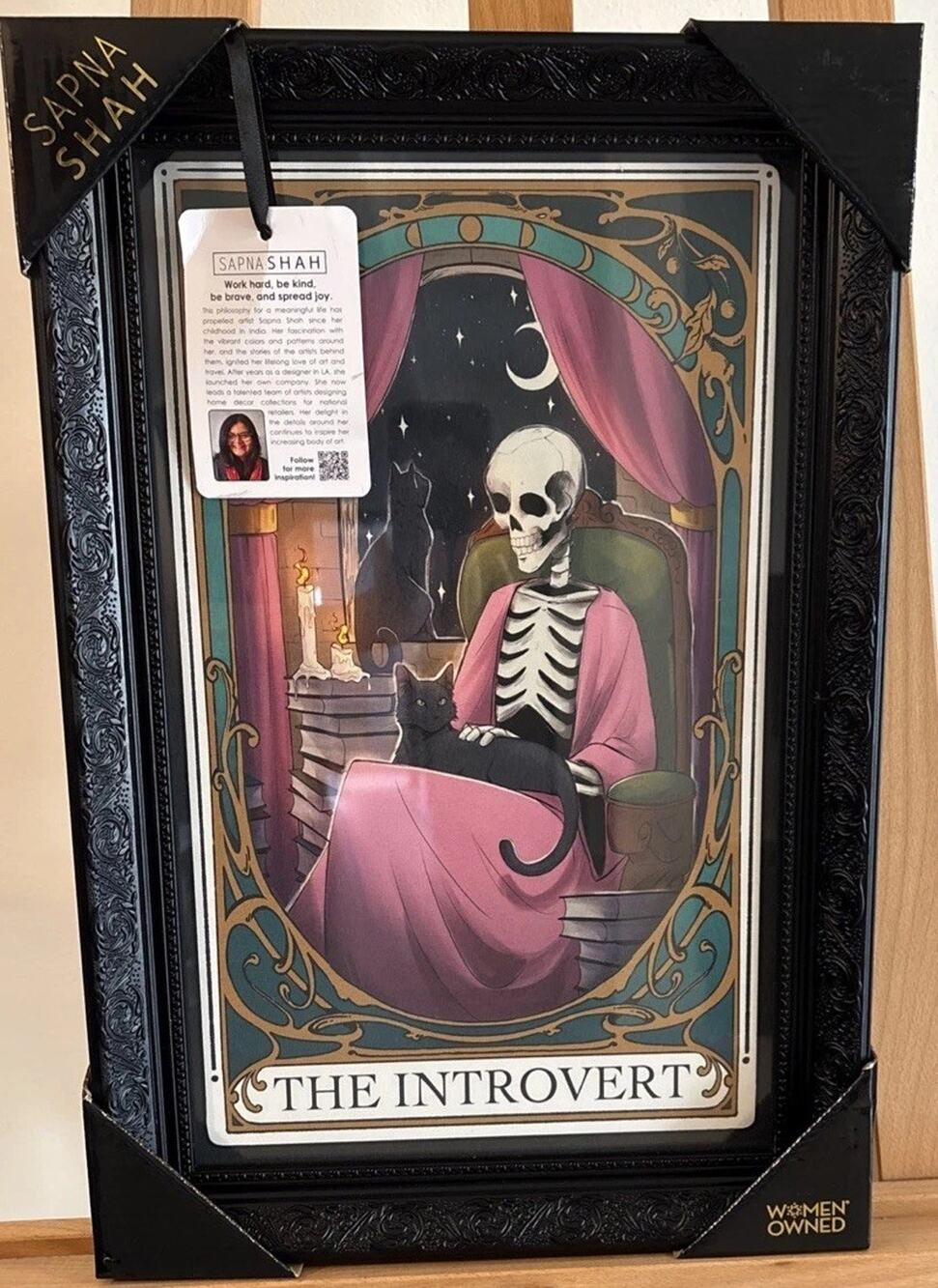 New Sapna Shah Framed Art The Introvert Skeleton Cats Tarot Card 18”x 12” Ornate
